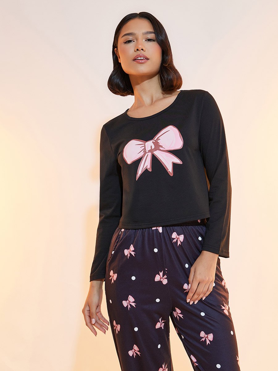 Bow Print Round Neck T-Shirt and Pyjama Set