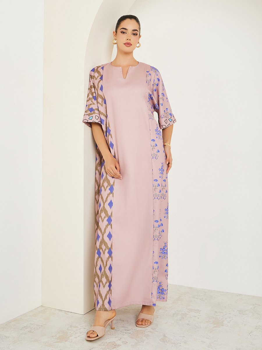 Printed Panel A-Line Notch Neck Jalabiya