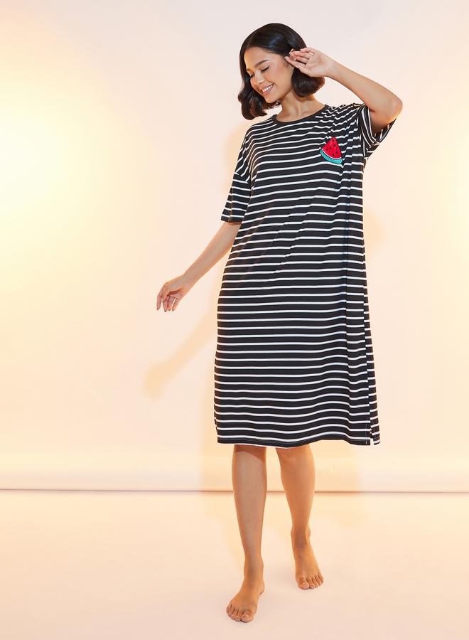 Striped Sleep T-Shirt Dress with Patch Detail 