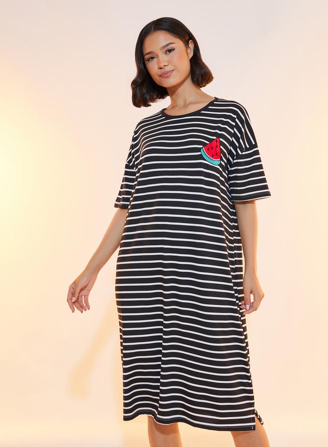 Striped Sleep T-Shirt Dress with Patch Detail 