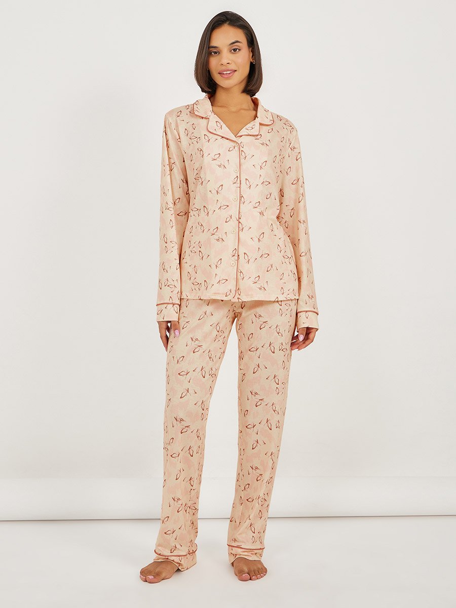 All Over Butterfly Print Piped Shirt and Pyjama Set