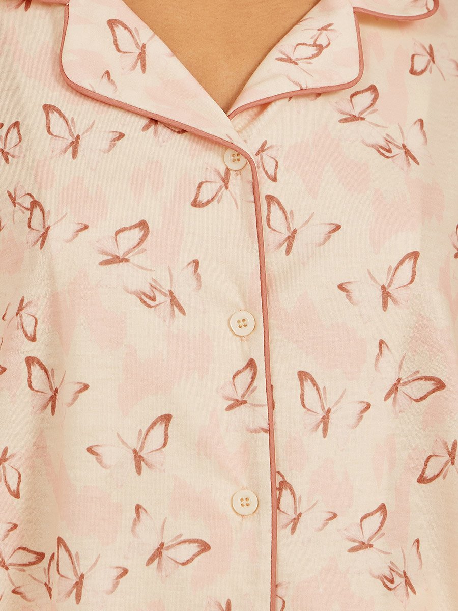 All Over Butterfly Print Piped Shirt and Pyjama Set