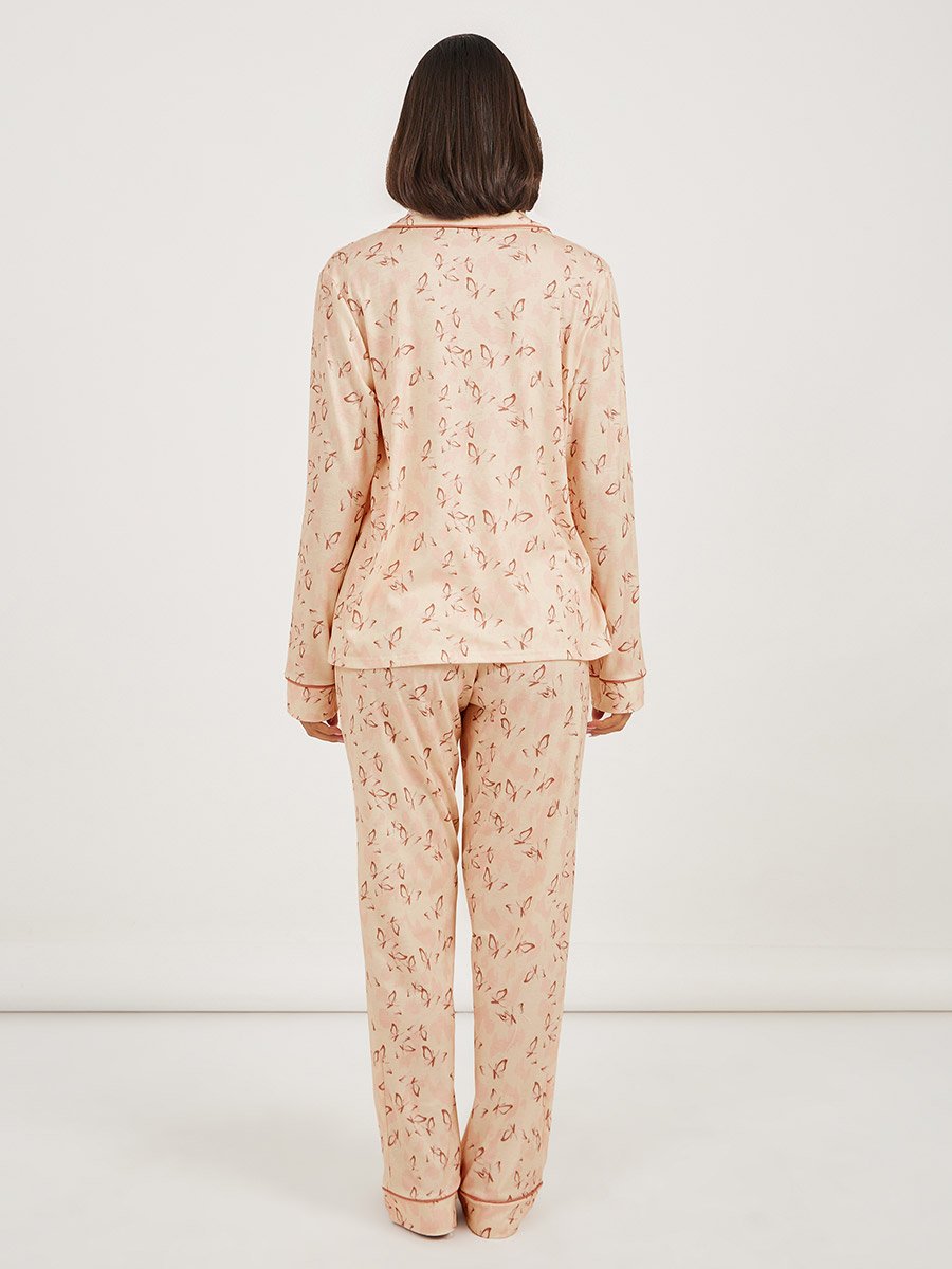 All Over Butterfly Print Piped Shirt and Pyjama Set