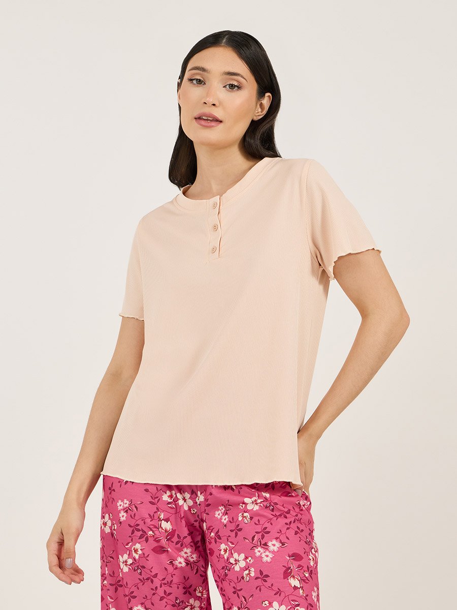 Rib Placket T-Shirt and Ditsy Floral Print Pyjama Set