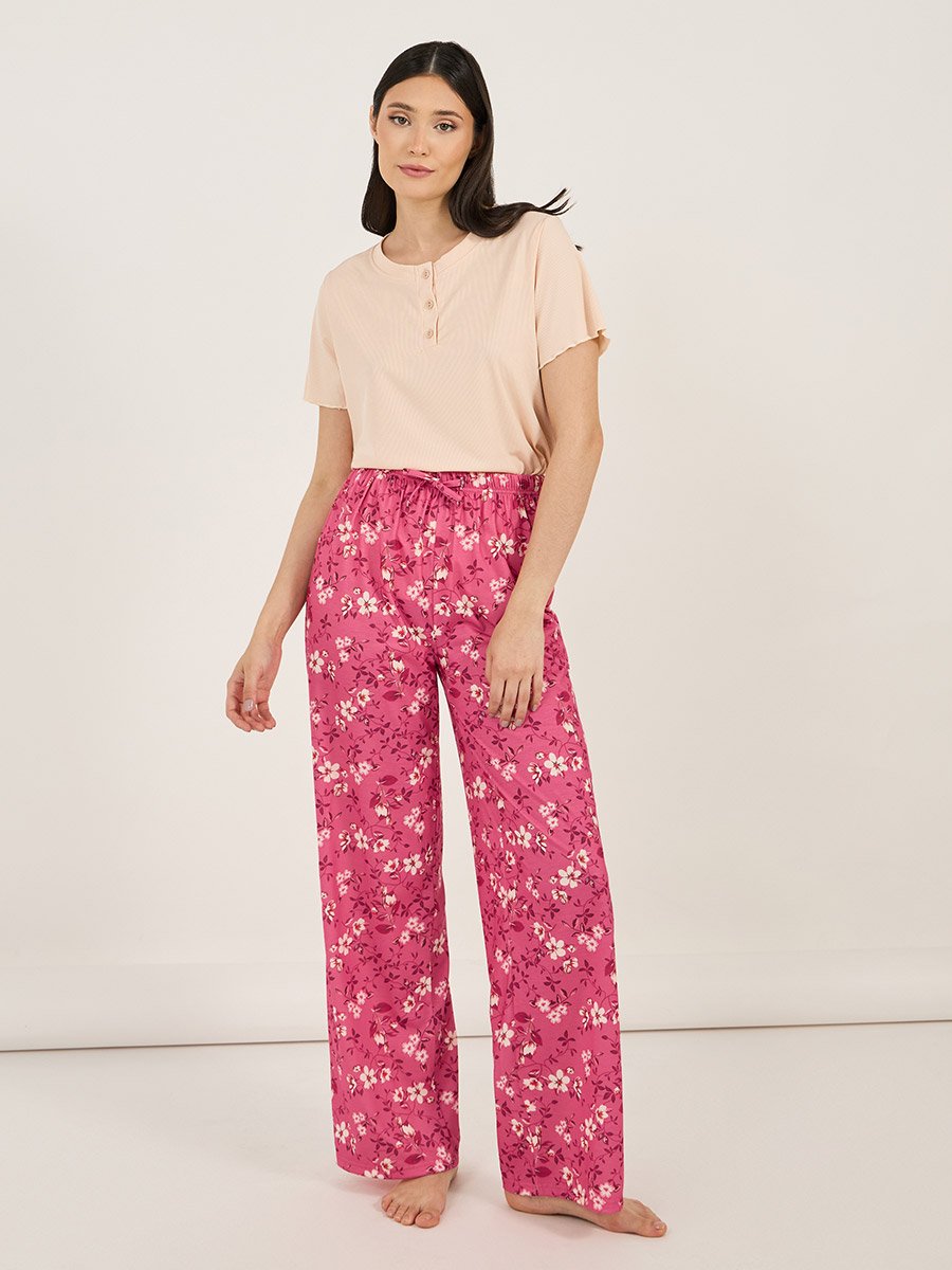 Rib Placket T-Shirt and Ditsy Floral Print Pyjama Set
