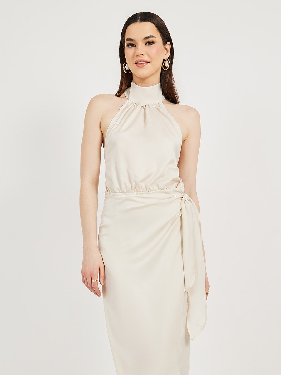 Halter Neck Wrap Midi Dress with Tie Up Detail