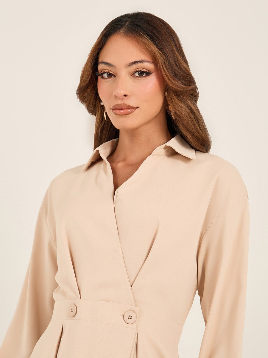 Solid Pleated Wrap Shirt Midi Dress with Buttons Detail