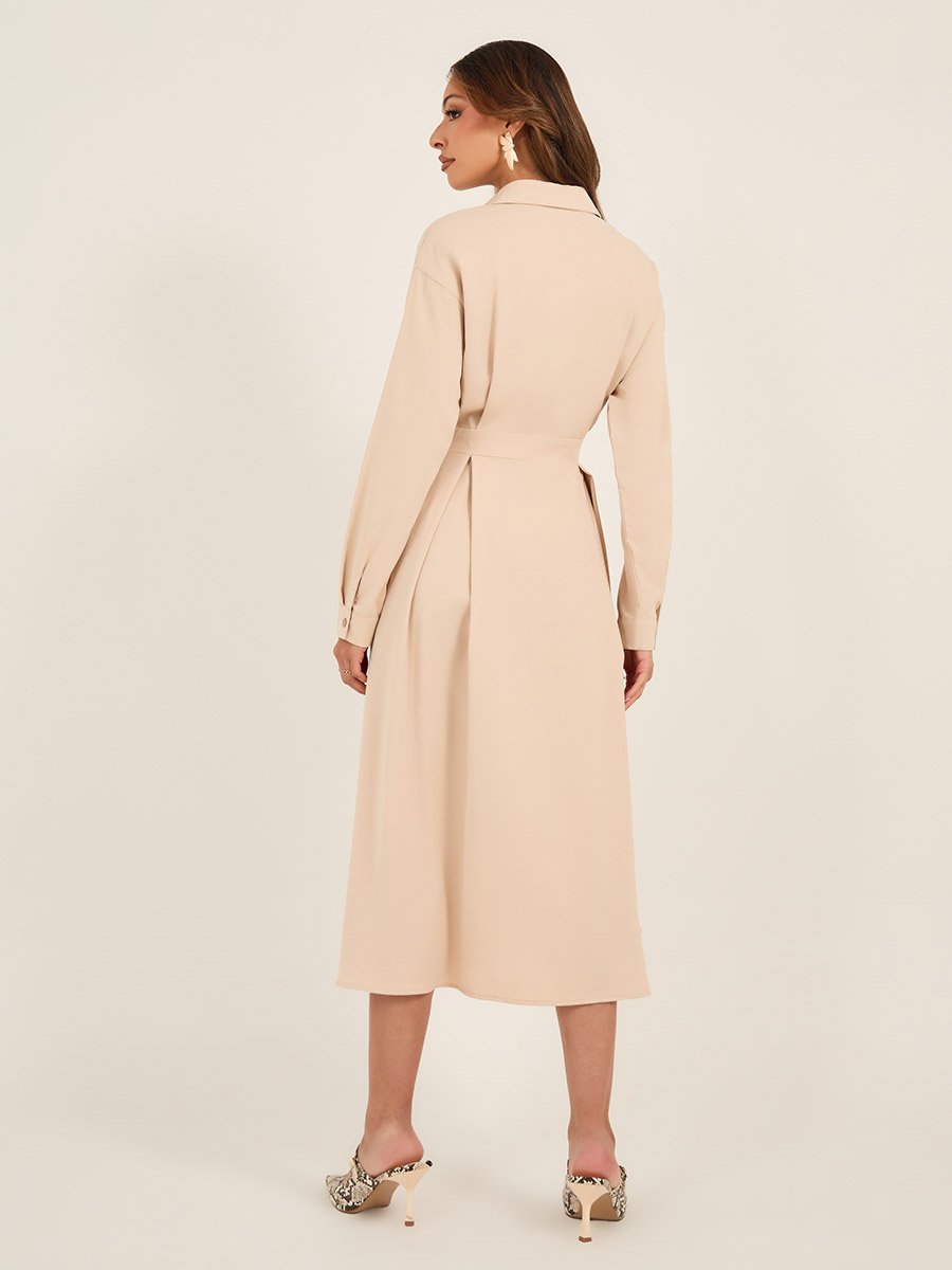 Solid Pleated Wrap Shirt Midi Dress with Buttons Detail