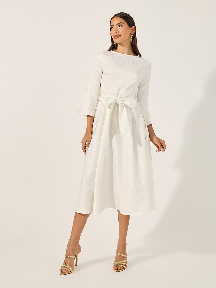 Boat Neck Waist Tie-Up A-Line Midi Dress with 3/4th Sleeves