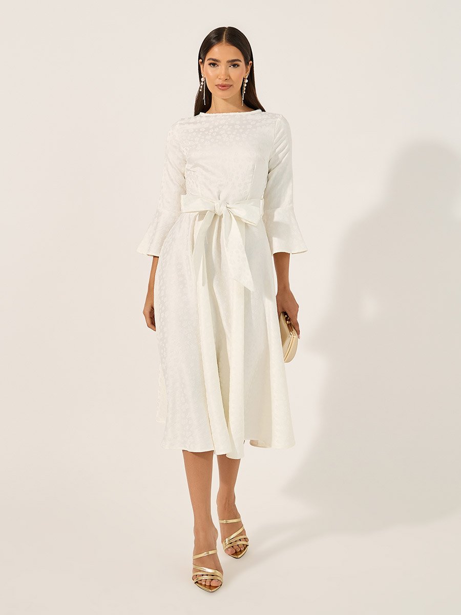 Boat Neck Waist Tie-Up A-Line Midi Dress with 3/4th Sleeves