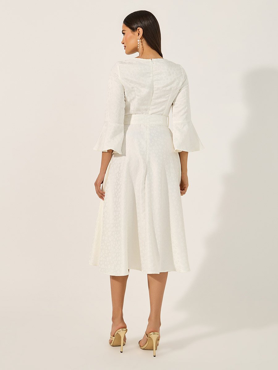 Boat Neck Waist Tie-Up A-Line Midi Dress with 3/4th Sleeves