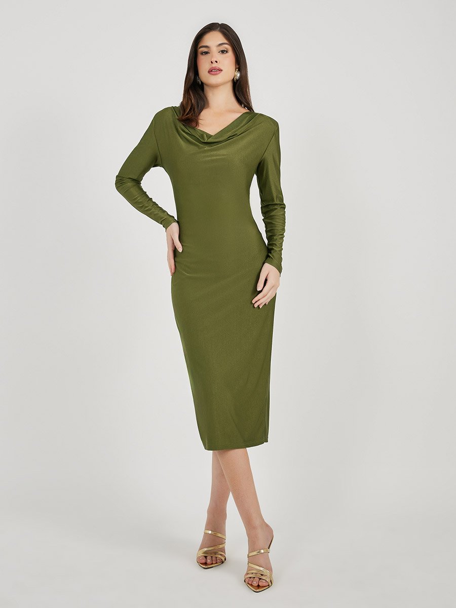 Solid Cowl Neck Bodycon Midi Dress