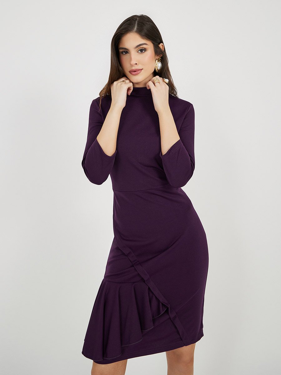 Ruffle Detail Sheath Knee-Length Dress with 3/4th Sleeves