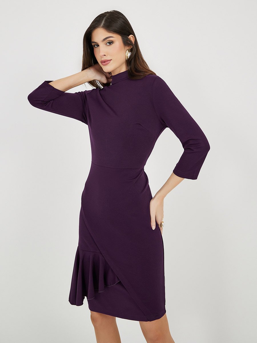 Ruffle Detail Sheath Knee-Length Dress with 3/4th Sleeves
