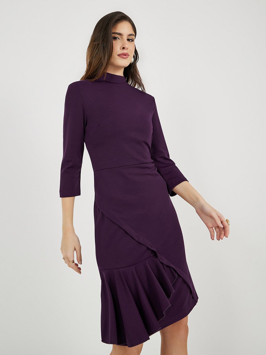 Ruffle Detail Sheath Knee-Length Dress with 3/4th Sleeves