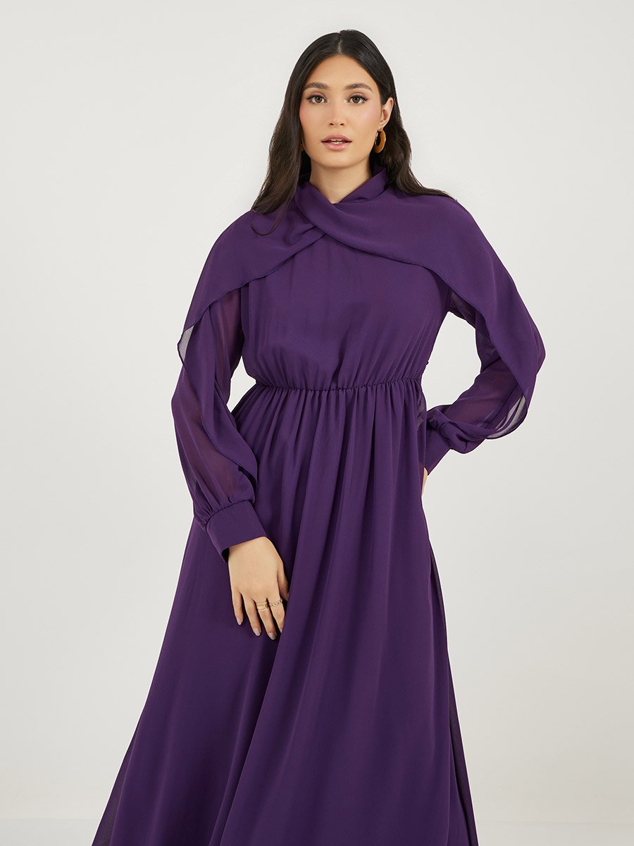 High Neck Draped Detail A-Line Maxi Dress