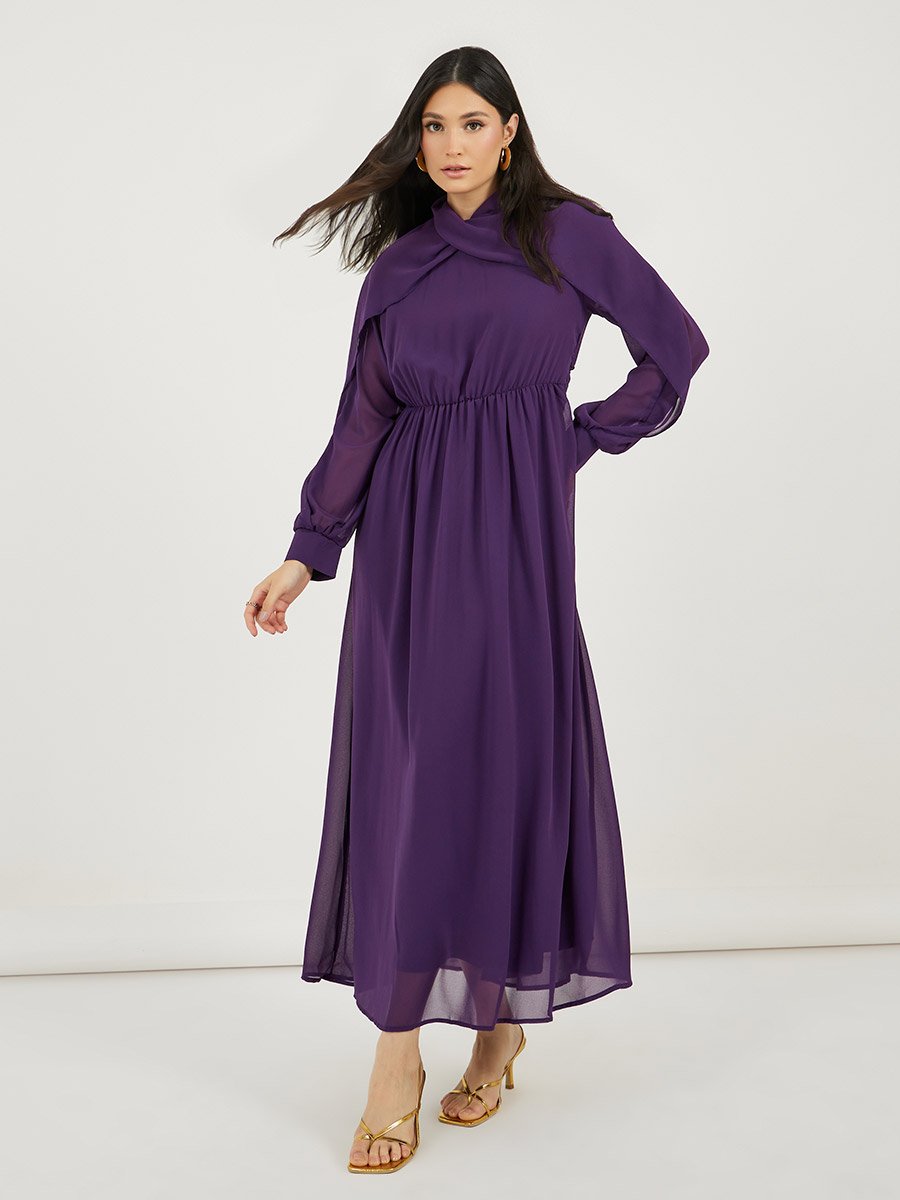 High Neck Draped Detail A-Line Maxi Dress