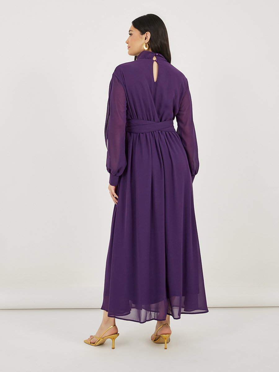 High Neck Draped Detail A-Line Maxi Dress
