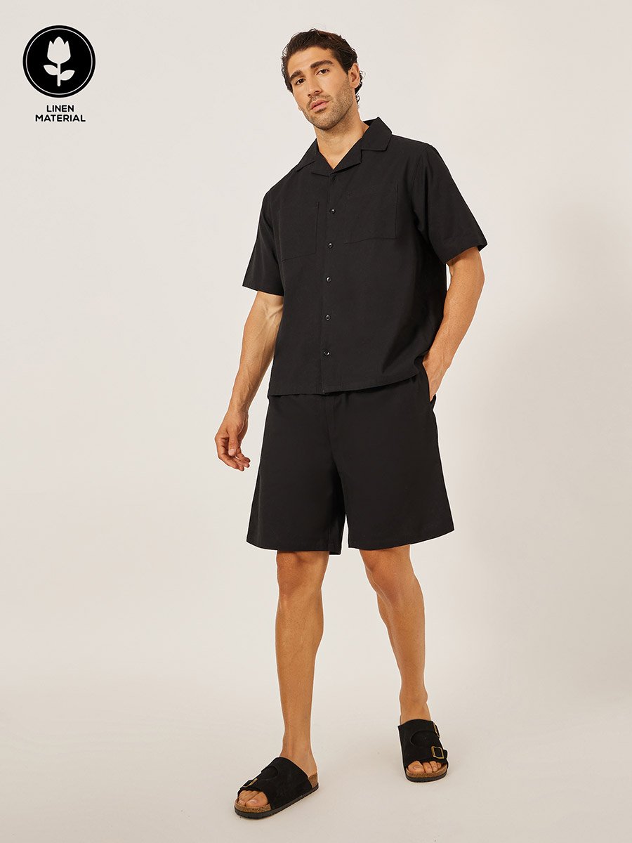 Plain Linen Blend Relaxed Fit Shirt and Shorts Co-Ords