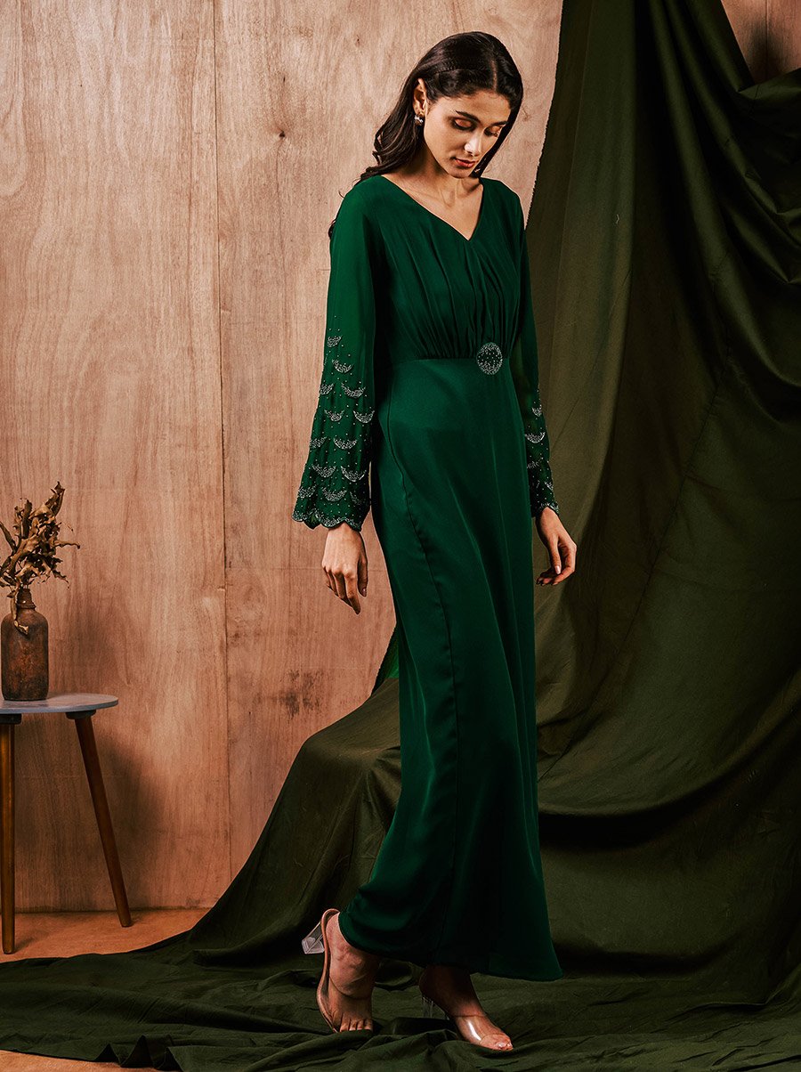 beaded georgette dress Beaded Long Formal Dress with Cape Sleeves English Violet / 20