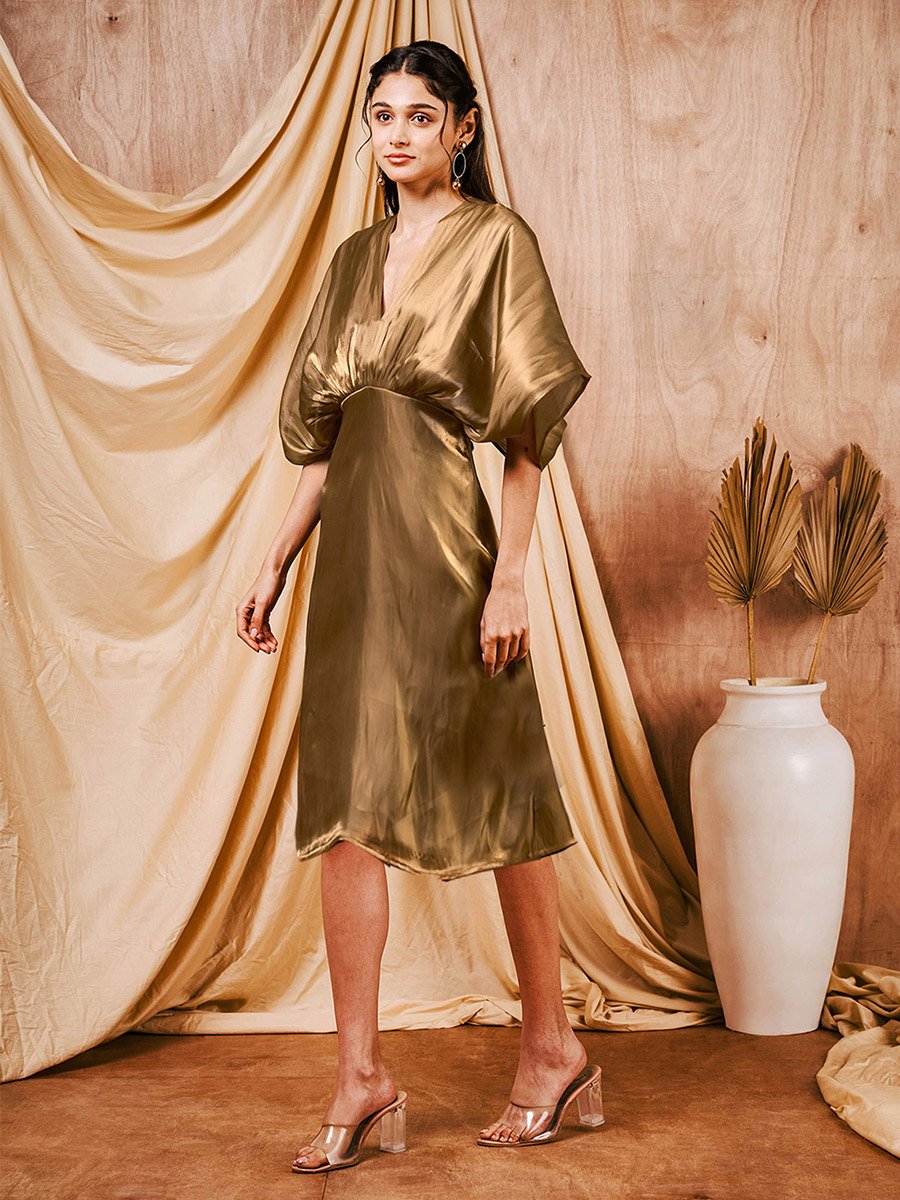 Metallic Kimono Sleeves Knee Length Dress For Women at Saudi | Styli