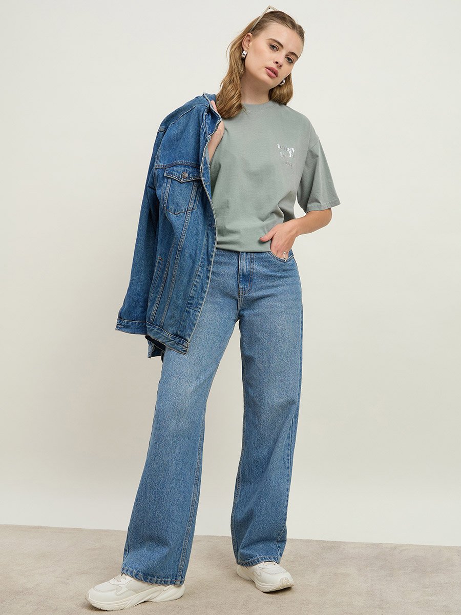 Acid Washed Foil Slogan Print Oversized Longline T-Shirt