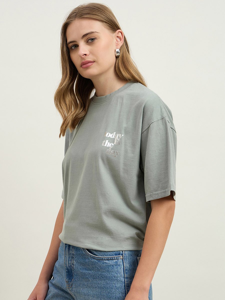 Acid Washed Foil Slogan Print Oversized Longline T-Shirt