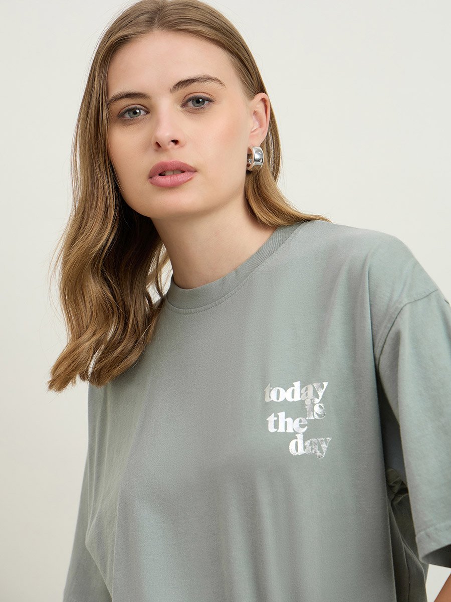 Acid Washed Foil Slogan Print Oversized Longline T-Shirt