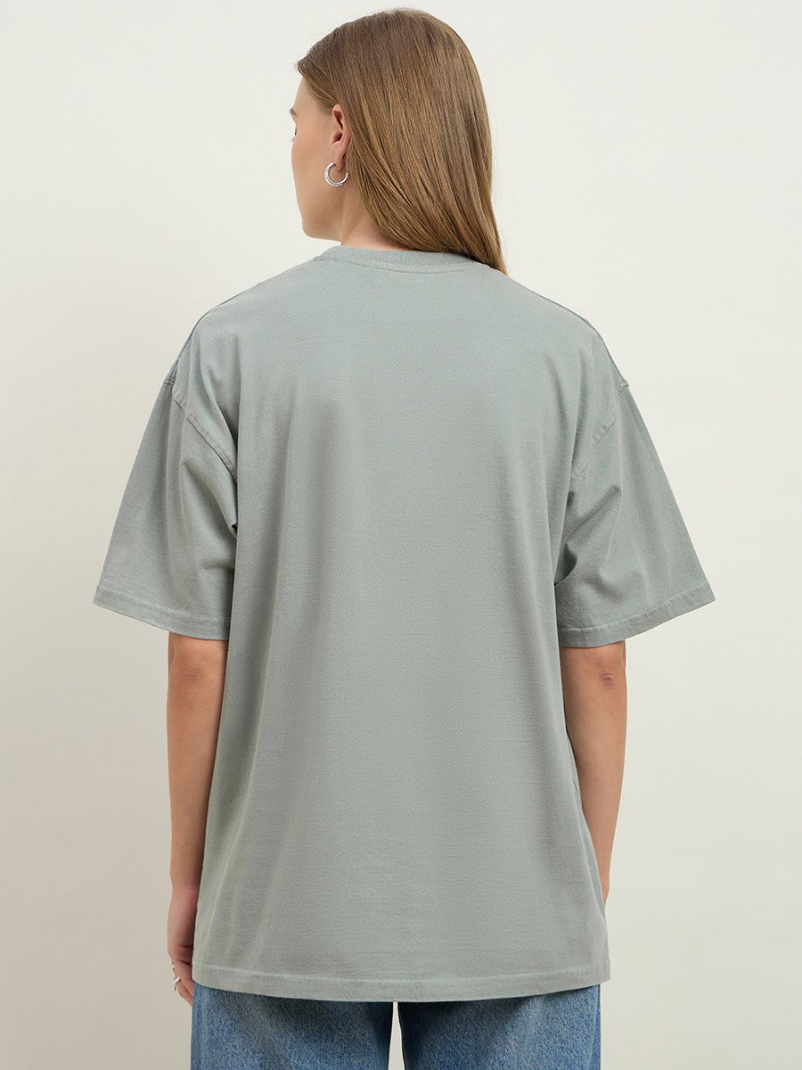 Acid Washed Foil Slogan Print Oversized Longline T-Shirt
