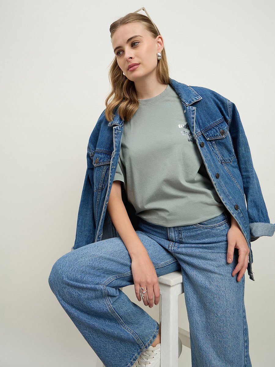 Acid Washed Foil Slogan Print Oversized Longline T-Shirt