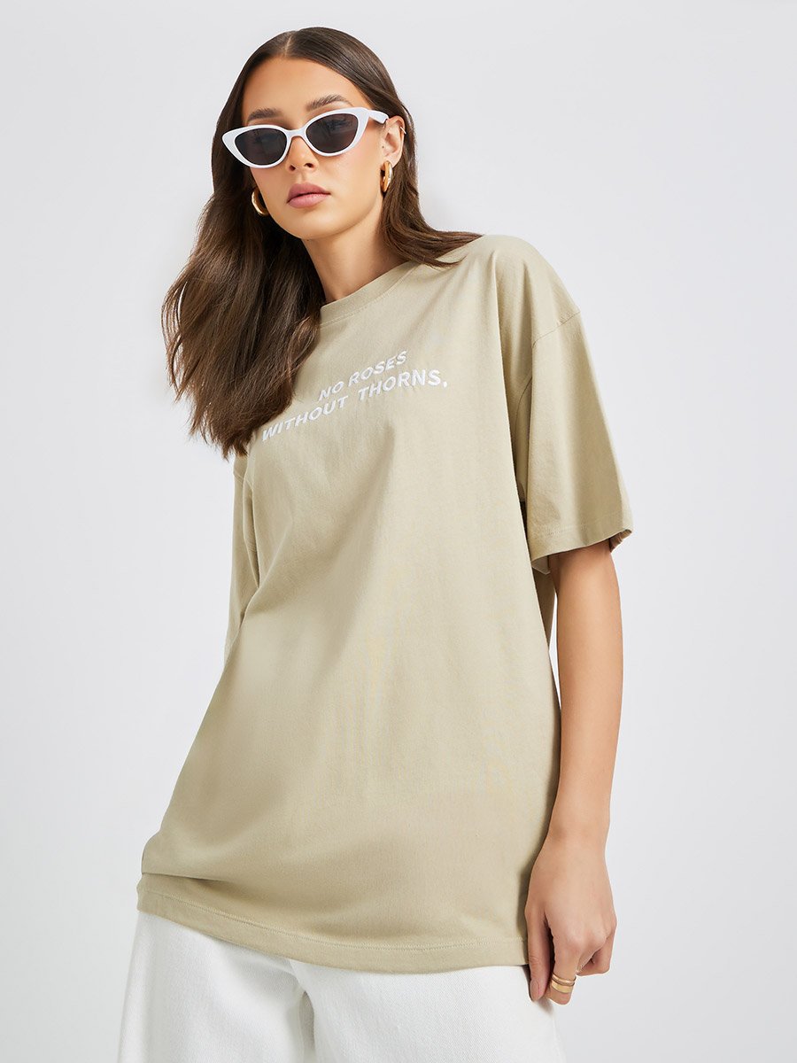 Slogan Embroidered Round Neck Oversized T-Shirt