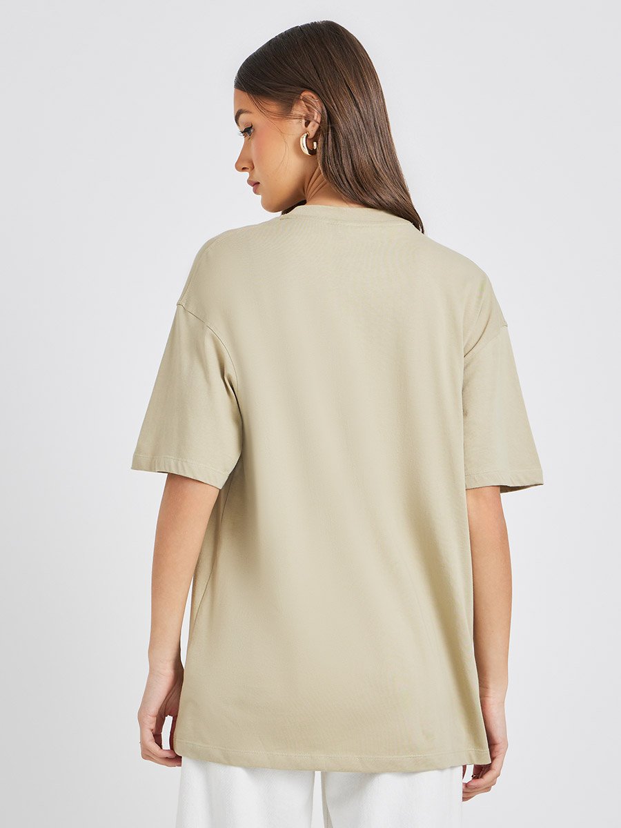 Slogan Embroidered Round Neck Oversized T-Shirt
