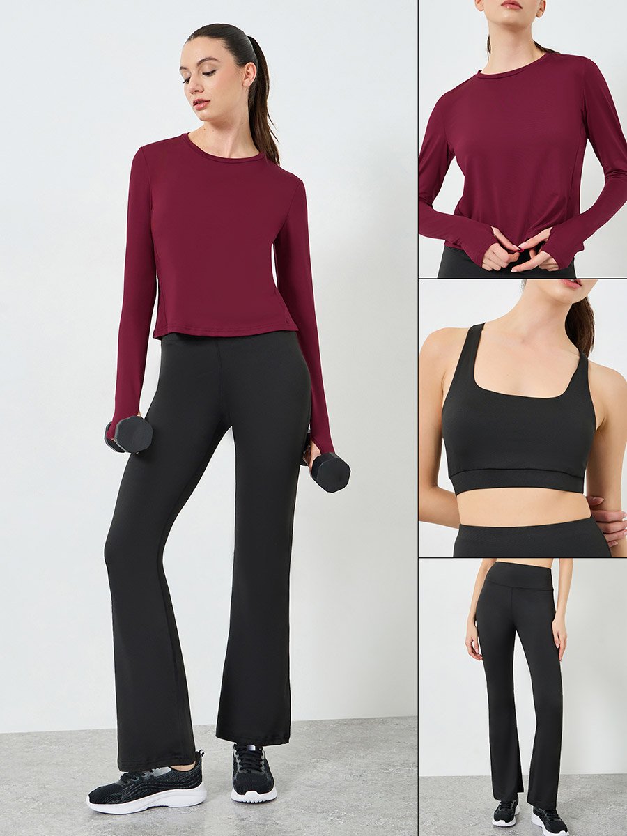 Pack of 3 - Multi Cross Back Padded Sports Bra, Paneled Top and Flared Leggings