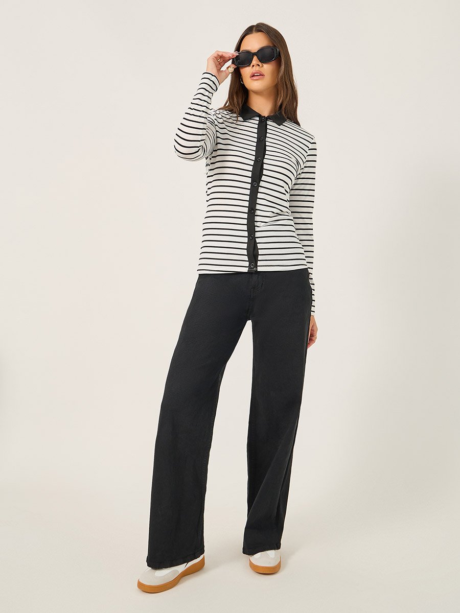 Striped Knit Top with Contrast Collar Detail