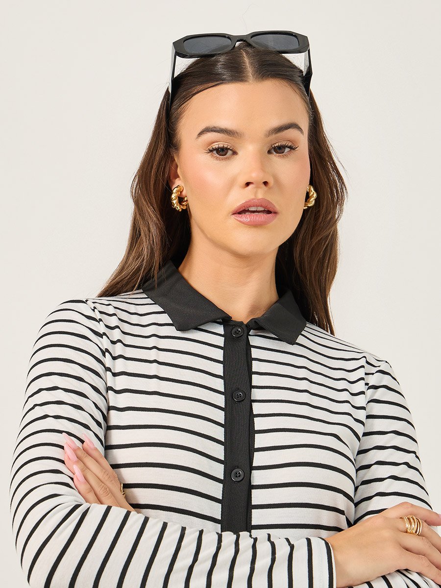 Striped Knit Top with Contrast Collar Detail