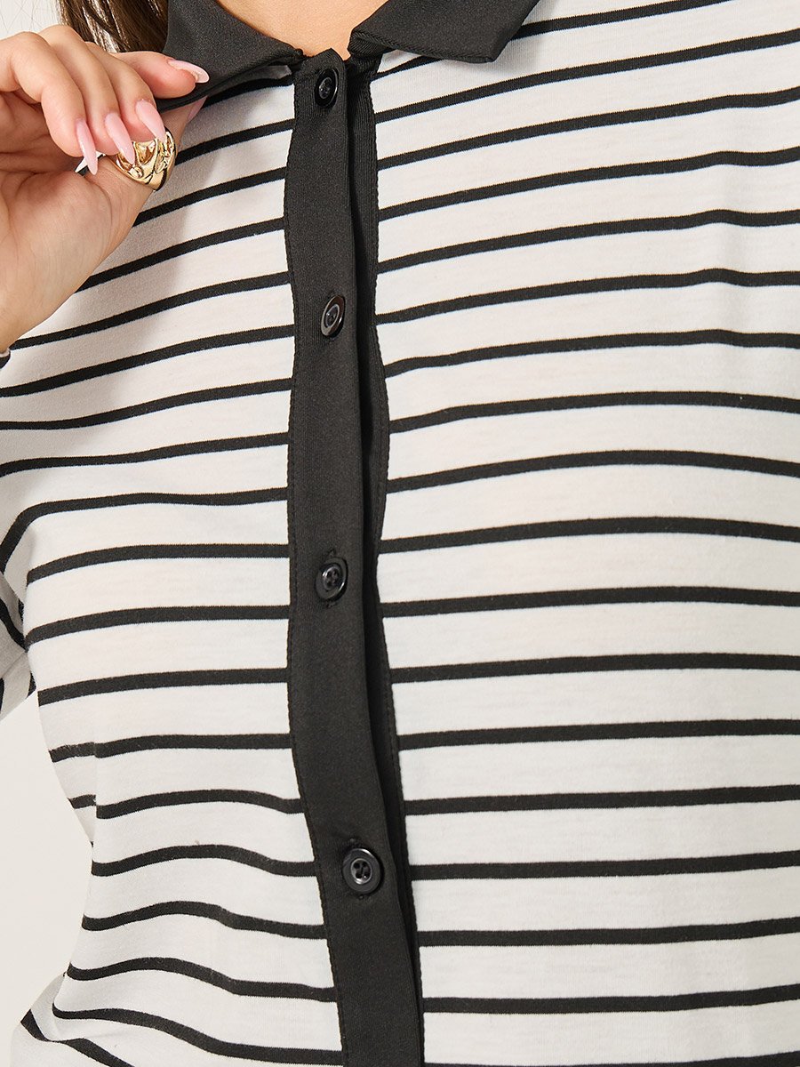 Striped Knit Top with Contrast Collar Detail