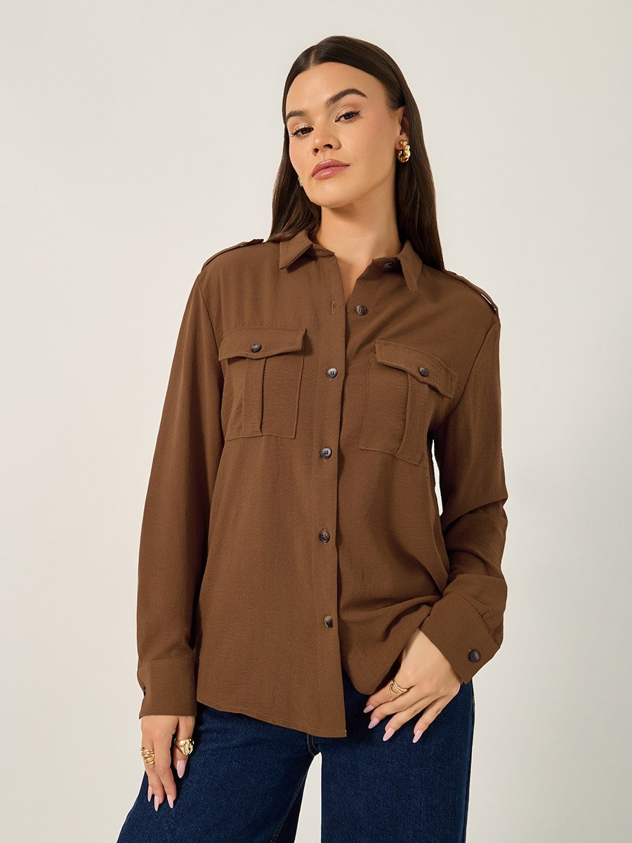 Solid Long Sleeve Shirt with Utility Pocket Detail