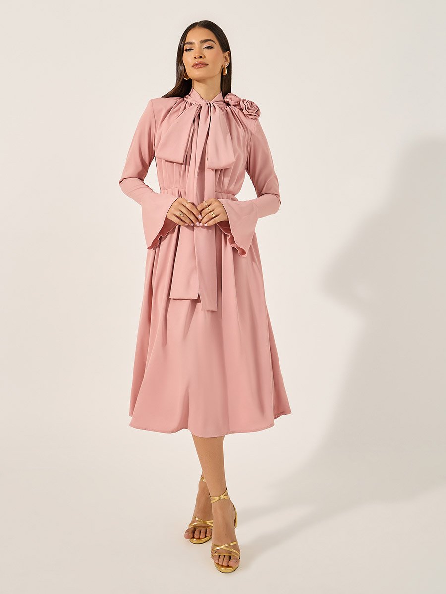 Bell Sleeve Tie-Up Neck A-Line Midi Dress