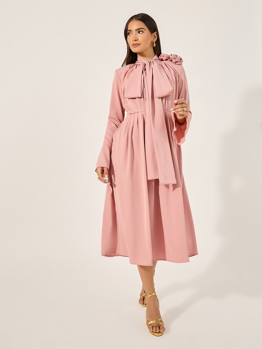 Bell Sleeve Tie-Up Neck A-Line Midi Dress