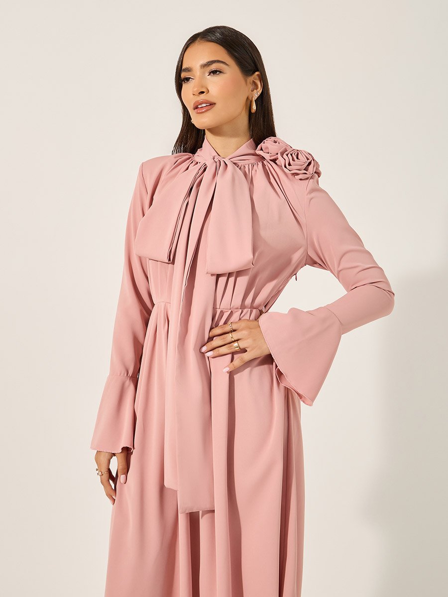 Bell Sleeve Tie-Up Neck A-Line Midi Dress