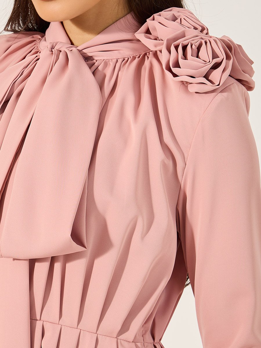 Bell Sleeve Tie-Up Neck A-Line Midi Dress