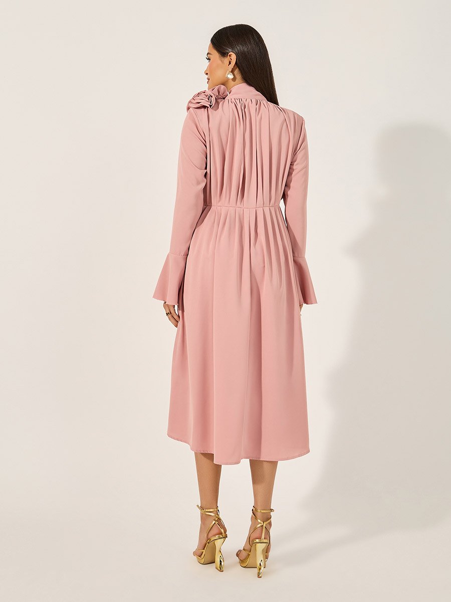 Bell Sleeve Tie-Up Neck A-Line Midi Dress