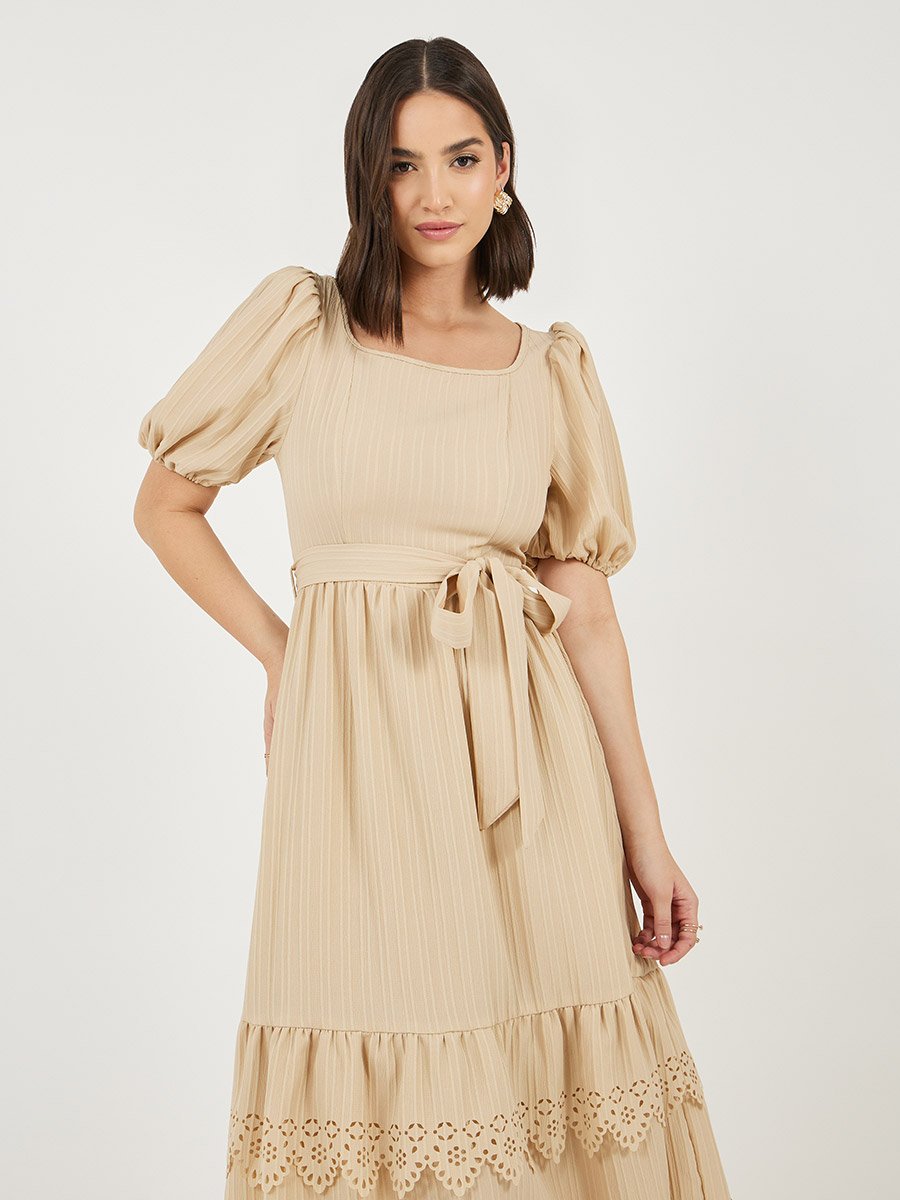 Cutwork Design Square Neck Tiered Maxi Dress For Women at Saudi | Styli