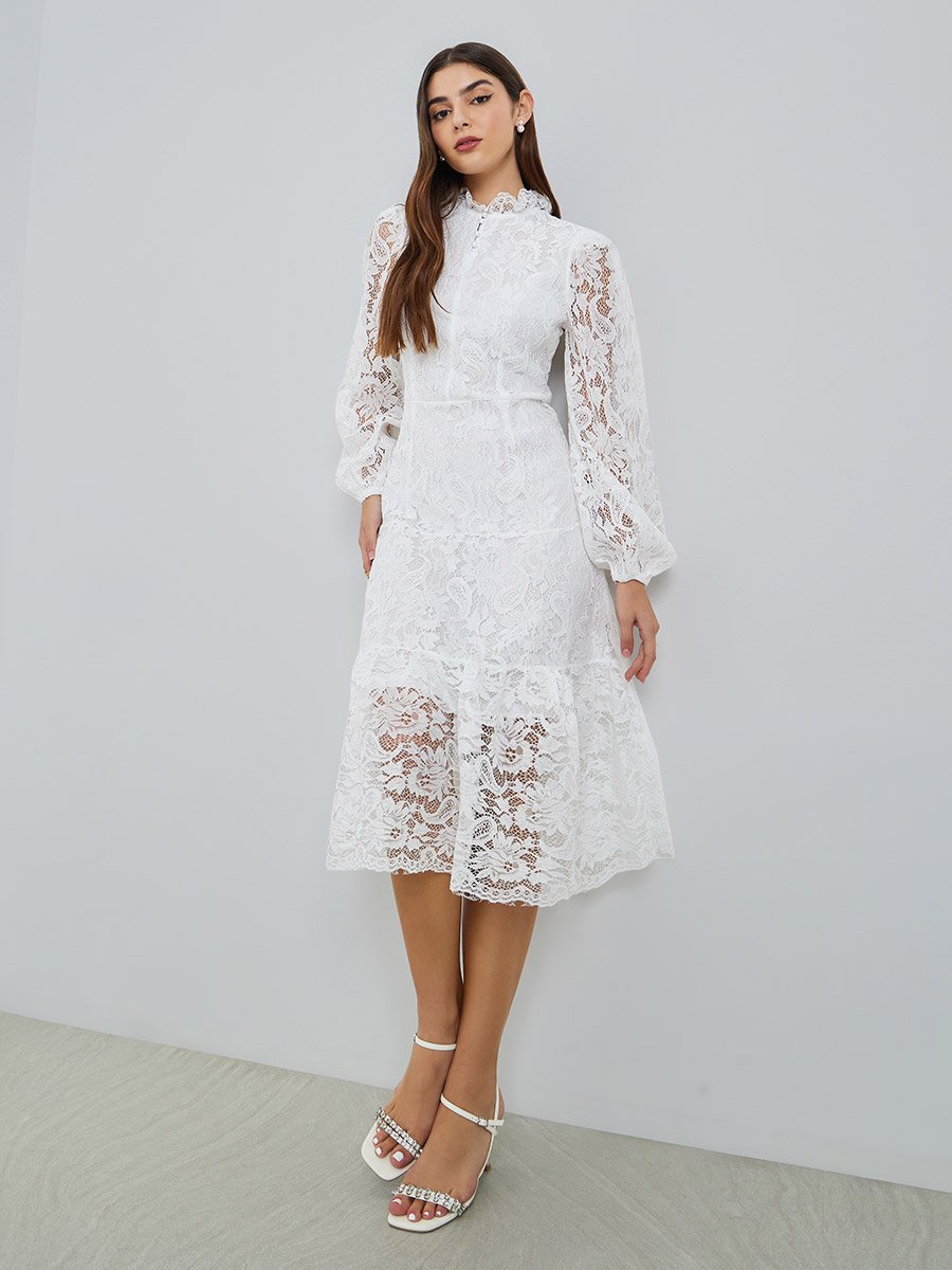 Women White Lace Balloon Sleeves A-Line Midi Dress For Women at