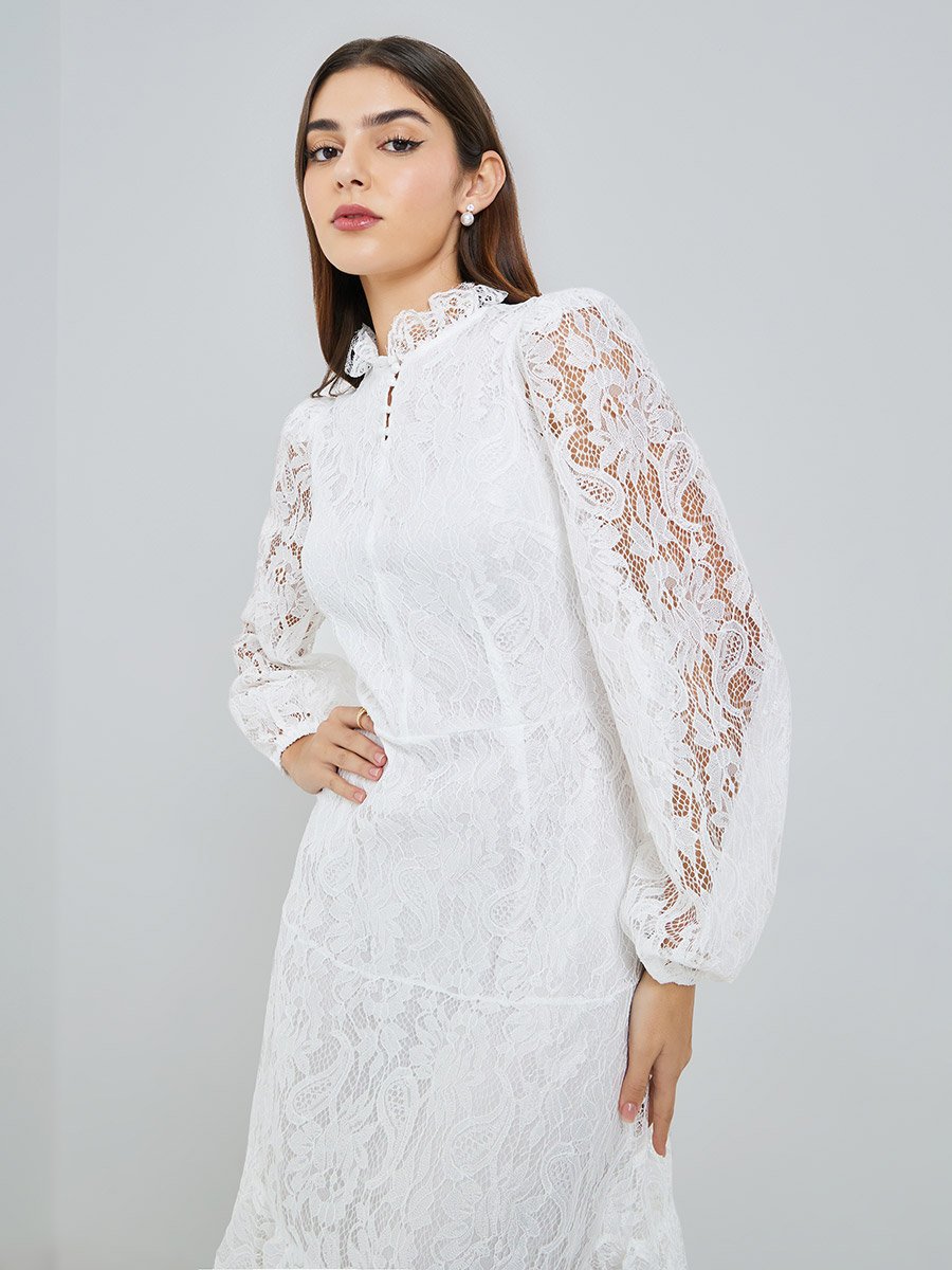 Women White Lace Balloon Sleeves A-Line Midi Dress