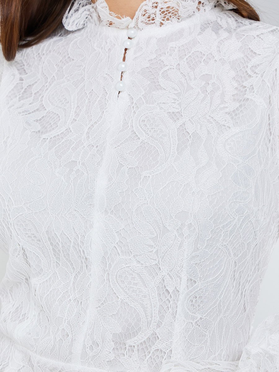 Women White Lace Balloon Sleeves A-Line Midi Dress