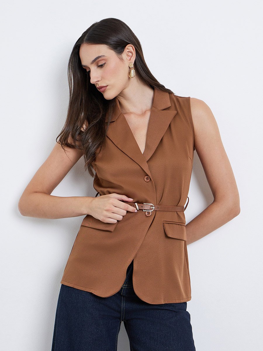 Solid Notch Label Neck Waistcoat with Belt
