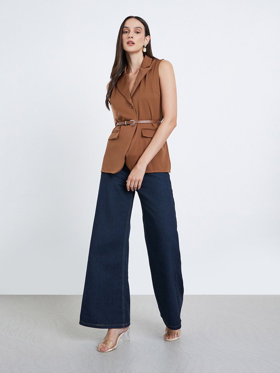 Solid Notch Label Neck Waistcoat with Belt