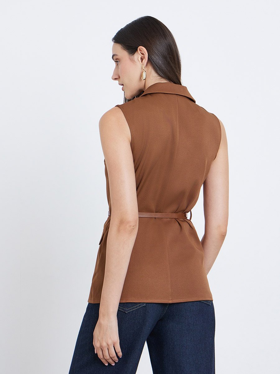 Solid Notch Label Neck Waistcoat with Belt