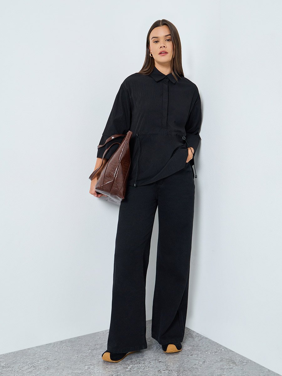 Oversized Drawstring Detail Shirt with 3/4 Sleeve